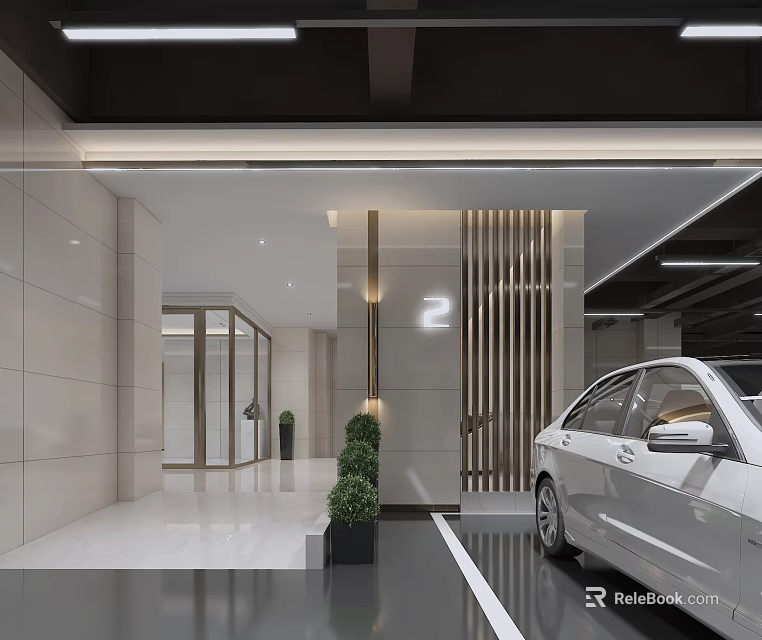 Modern Parking Garage Entrance Design With White Car Green Plants Wooden Accents And Lighting 3d model 