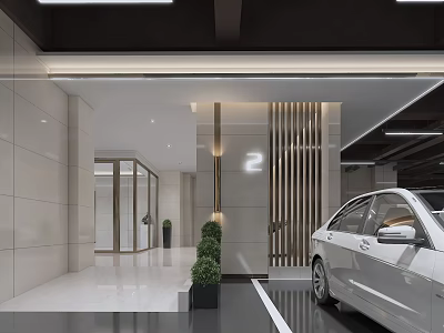 Modern Parking Garage Entrance Design With White Car Green Plants Wooden Accents And Lighting 3d model
