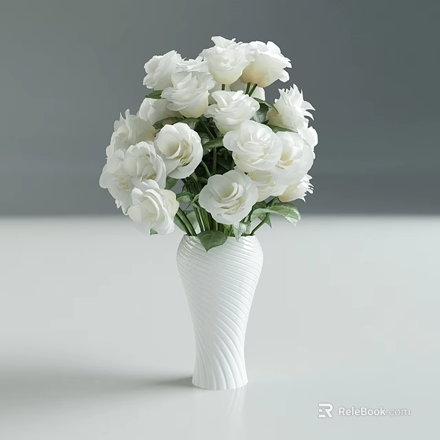 Elegant White Twisted Vase With Fresh White Roses In Minimalist Setting 3d model 