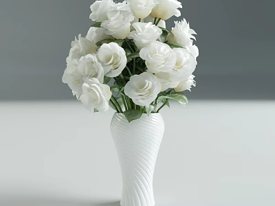 Elegant White Twisted Vase With Fresh White Roses In Minimalist Setting 3d model