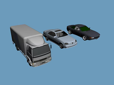 Three Vehicle Types Truck Sedan and Convertible on Blue Background 3d model