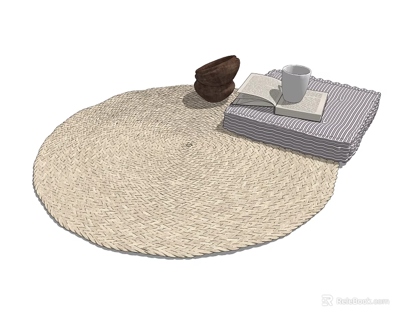 Light Beige Woven Round Rug With Open Book White Mug And Brown Basket 3d model 