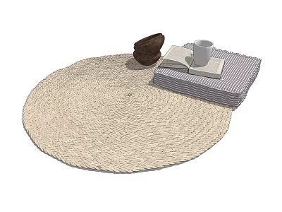 Light Beige Woven Round Rug With Open Book White Mug And Brown Basket 3d model