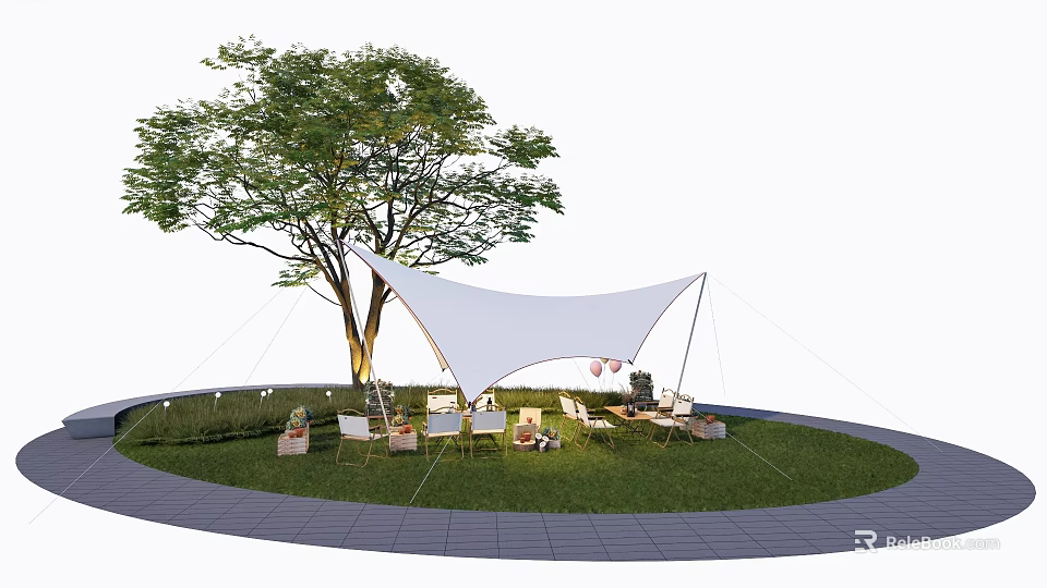 Tranquil Garden Landscape Featuring Circular Lawn Large Tree White Canopy Pink Balloons And Outdoor Furniture 3d model 