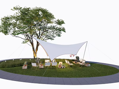 Tranquil Garden Landscape Featuring Circular Lawn Large Tree White Canopy Pink Balloons And Outdoor Furniture 3d model