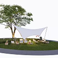 Tranquil Garden Landscape Featuring Circular Lawn Large Tree White Canopy Pink Balloons And Outdoor Furniture