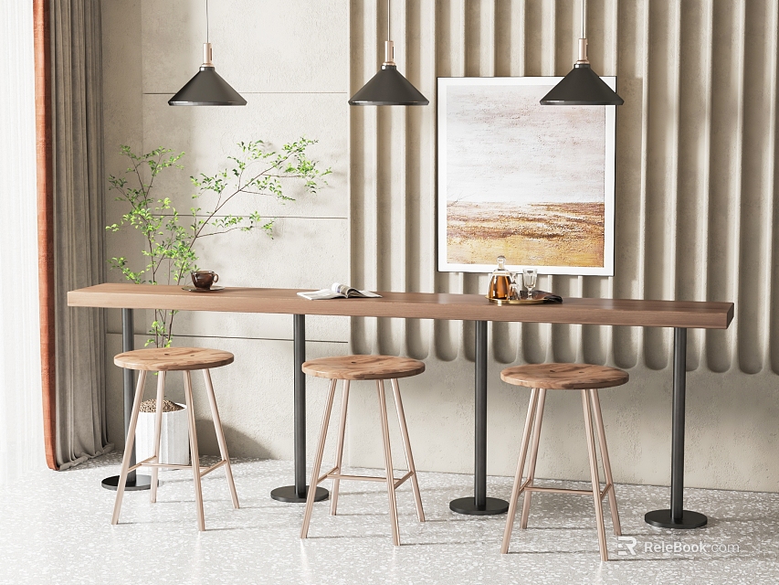 Stylish Bar Counter With Wooden Top Bar Stools Pendant Lights Artwork And Green Plant 3d model 