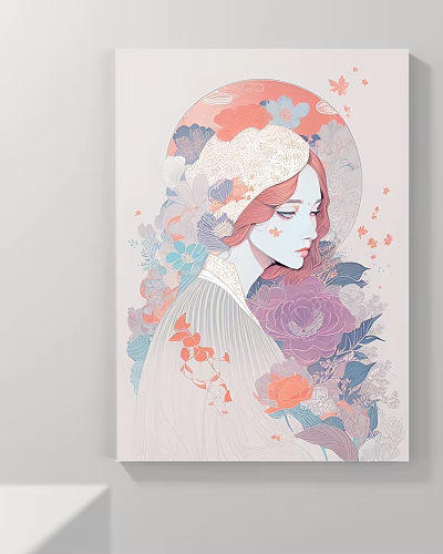 Abstract Painting Featuring Elegant Female Figure With Lace And Soft Pink Blue Purple Flowers 3d model