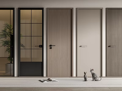 Modern Interior Hinged Doors Showcase With Glass Grid Wooden Panels Cat Figurines And Plant 3d model