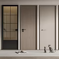 Modern Interior Hinged Doors Showcase With Glass Grid Wooden Panels Cat Figurines And Plant