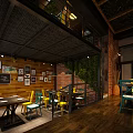 Restaurant Interior With Wooden Ceiling Green Plants Blackboard Wall Yellow Green Chairs And Brick Floor