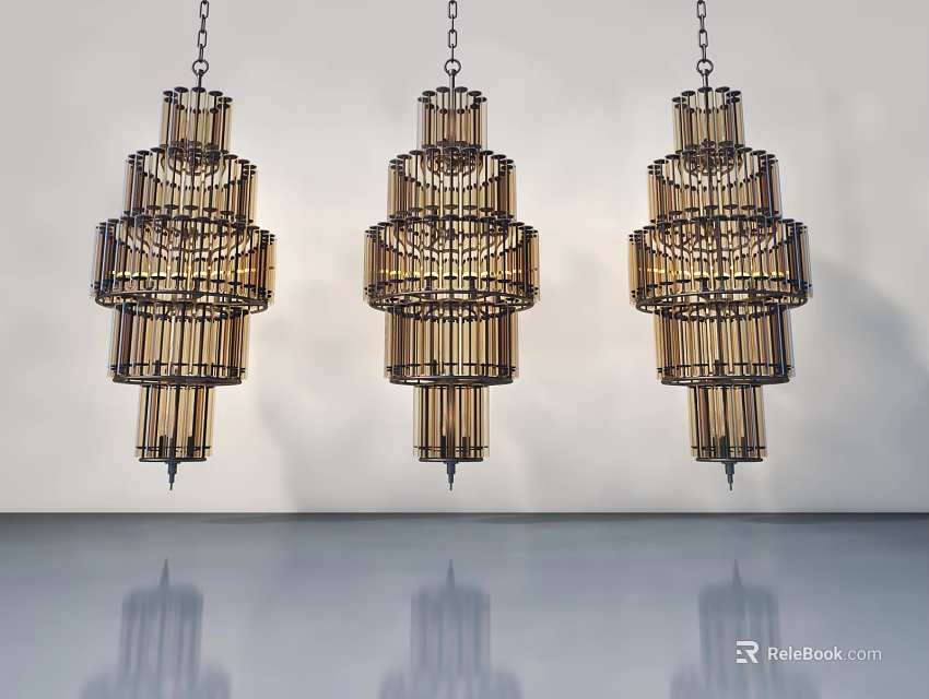 Modern Wooden Swing Door Design With White Wall And Hanging Bamboo Pendant Lights 3d model 