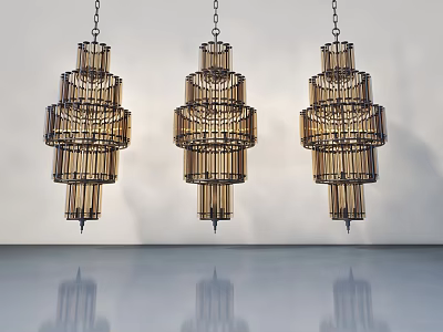 Modern Wooden Swing Door Design With White Wall And Hanging Bamboo Pendant Lights 3d model