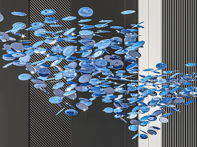 Modern Artistic Chandelier With Blue Circular Floating Elements And Gray Black Striped Design 3d model
