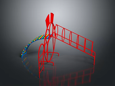 Red Modern Architectural Structure With Colorful Rainbow Elements Curved Geometric Design And Circular Railings 3d model