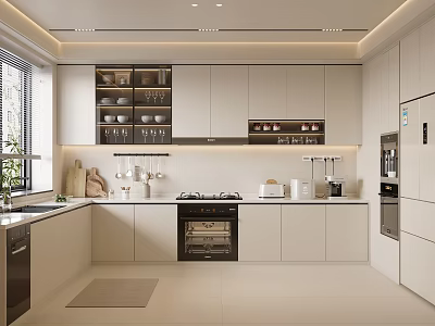 Modern Kitchen Interior Design With White Cabinets Countertop Built In Oven And Refrigerator 3d model