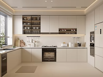 Cream wind kitchen stove range hood dishwasher refrigerator oven dish sink faucet 3d model