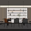 Modern Luxury Restaurant Interior With Dining Table Chairs Pendant Lights Shelves And Marble Wall