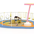 Colorful Children's Playground Landscape With Swings Sandpit Small House Pink Shade Structure And Fence