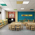 School Classroom Interior With Wooden Tables Chairs Blue Walls Whiteboard And Bookshelves