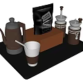 Elegant Tea Set with Brown Teapot Metal Cup and Coffee Grinders on Black Tray