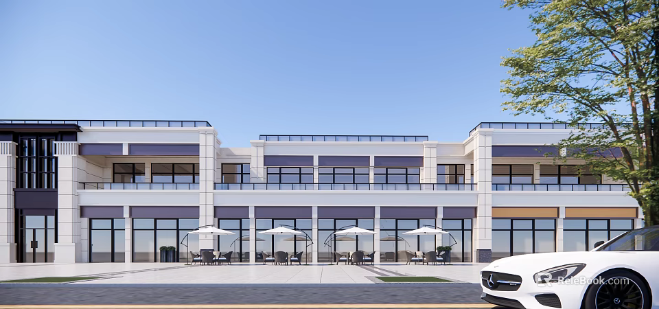 Modern Commercial Street With Large Windows Outdoor Umbrellas And Seating Areas 3d model 