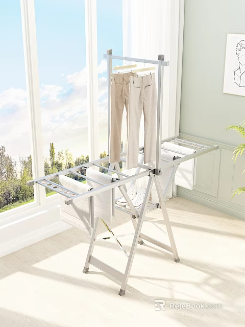 Foldable Metal Clothes Drying Rack With Hanging Pants Near Window And Green Trees 3d model 