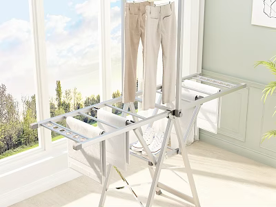 Foldable Metal Clothes Drying Rack With Hanging Pants Near Window And Green Trees 3d model