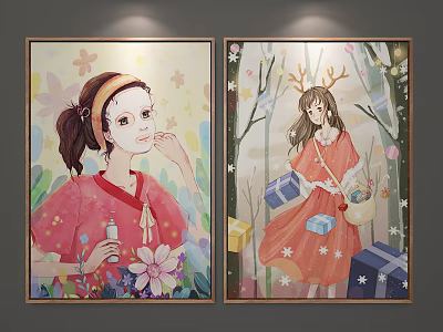 Colorful Figure Paintings Of Girls With Headband Antler Headpiece Red Orange Dresses Flowers Gift Boxes 3d model