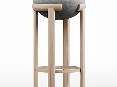 Modern Wooden Bar Stool With Round Upholstered Seat And Tall Legs 3d model