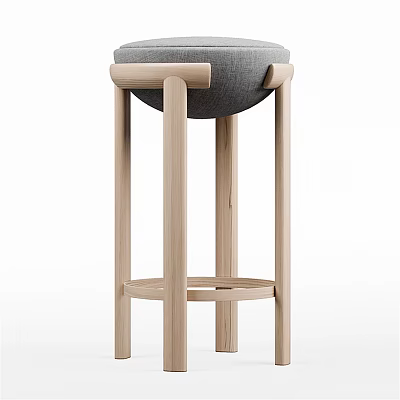 Modern Wooden Bar Stool With Round Upholstered Seat And Tall Legs 3d model