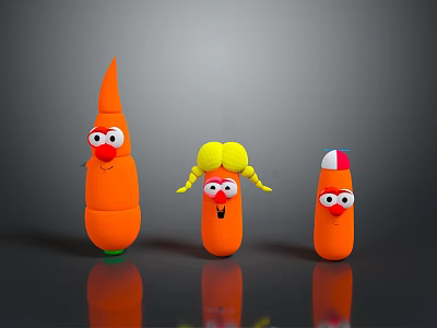 Three Playful Cartoon Carrot Characters With Funny Faces And Decorative Details 3d model