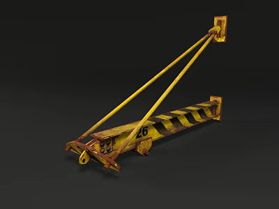 Yellow Black Striped Industrial Lifting Device With Mechanical Arm And Wheels 3d model