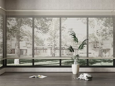 Bright Modern Interior Featuring White Venetian Blinds On Window With Potted Plant And Wooden Floor 3d model