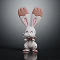 3D Rabbit Doll With White Body Brown Ears Bow Tie On Black Reflective Ground