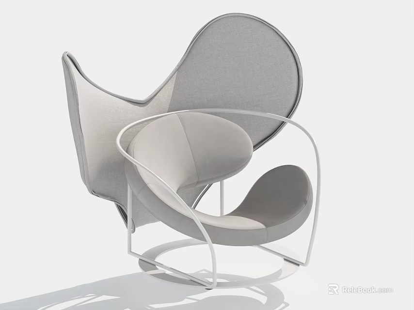 Modern Leisure Chair With Unique Curved Design Light Gray Fabric And Metal Frame 3d model 