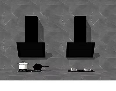 Modern Kitchen Interior With Black Range Hoods Stovetops Pot And Frying Pan 3d model