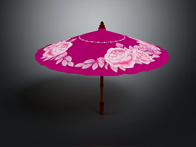 Pink Umbrella With White Rose Pattern And Wooden Handle For Daily Use 3d model
