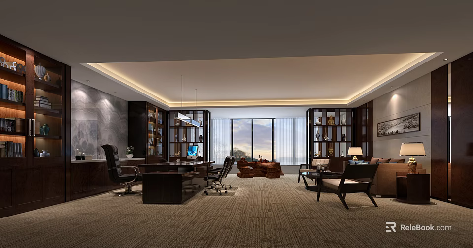 Spacious Modern Office Interior With Floor To Ceiling Windows Bookshelves And Wooden Desk 3d model 