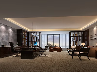 Spacious Modern Office Interior With Floor To Ceiling Windows Bookshelves And Wooden Desk 3d model