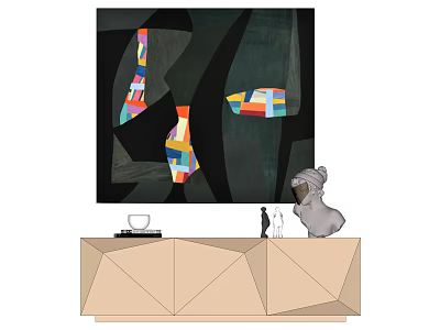 Abstract Colorful Painting Above Geometric Cabinet With Gray Dog And Decorative Items 3d model