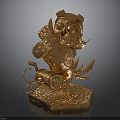 Intricate Golden Humanoid Character With Winged Creature Sculpture And Mechanical Base