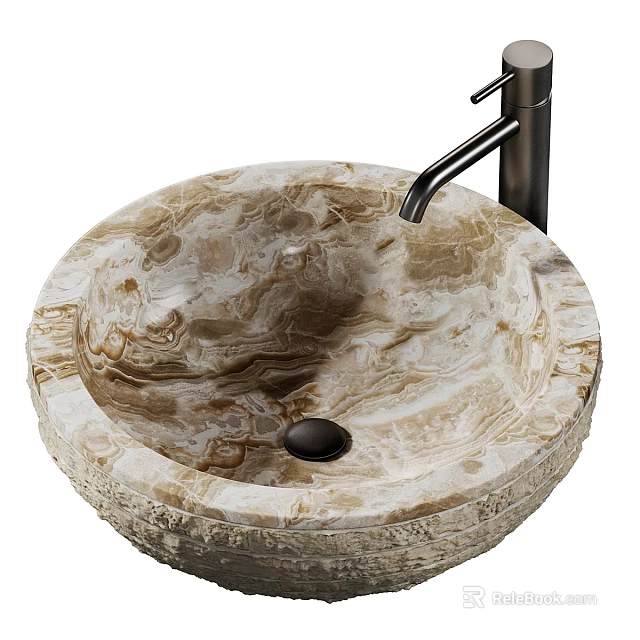 Elegant Round Natural Marble Washbasin Featuring Textured Surface And Modern Faucet Design 3d model 