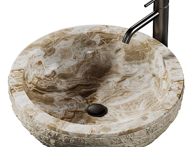 Elegant Round Natural Marble Washbasin Featuring Textured Surface And Modern Faucet Design 3d model