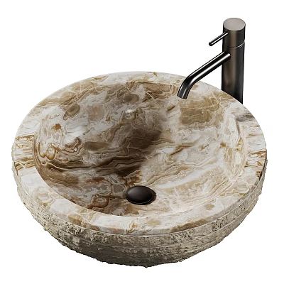 Elegant Round Natural Marble Washbasin Featuring Textured Surface And Modern Faucet Design 3d model
