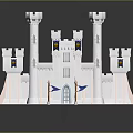 White Castle Architecture With Tall Towers Blue Flags Decorative Spires And Grand Entrance