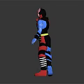 Armored Character With Insect Features In Red Blue Black Armor And Striped Details Standing Pose