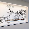 Black and White Hand Drawn Illustration in White Frame with Traditional Buildings and People Activities