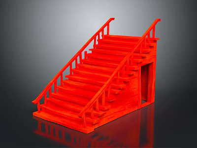 Red Wooden Staircase With Handrail And Modern Interior Design Features 3d model
