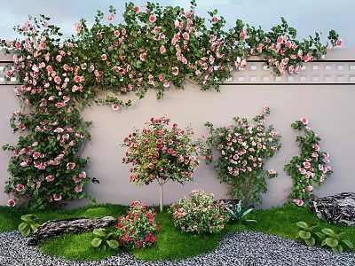 Vibrant Flower Garden With Pink Blossoms Climbing Vines Shrubs Green Lawn And Stone Accents 3d model